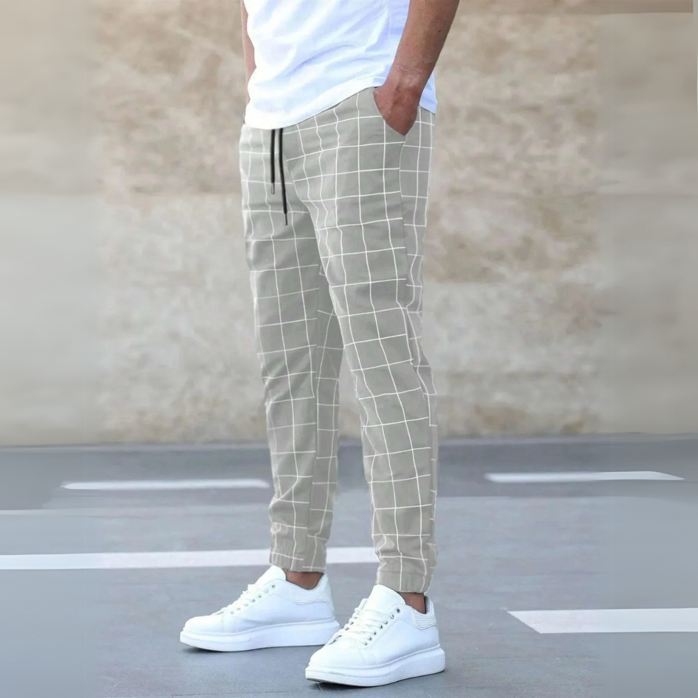 Pantalon homme carreaux taille élastique cordon de serrage coupe slim