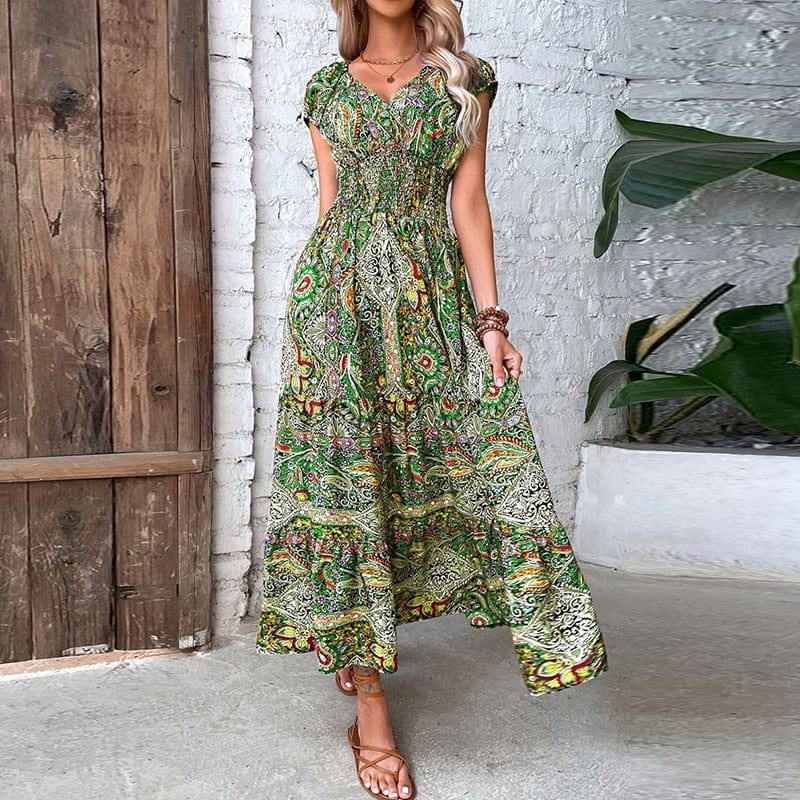 Robe longue bohème femme imprimé manches courtes taille smockée col V