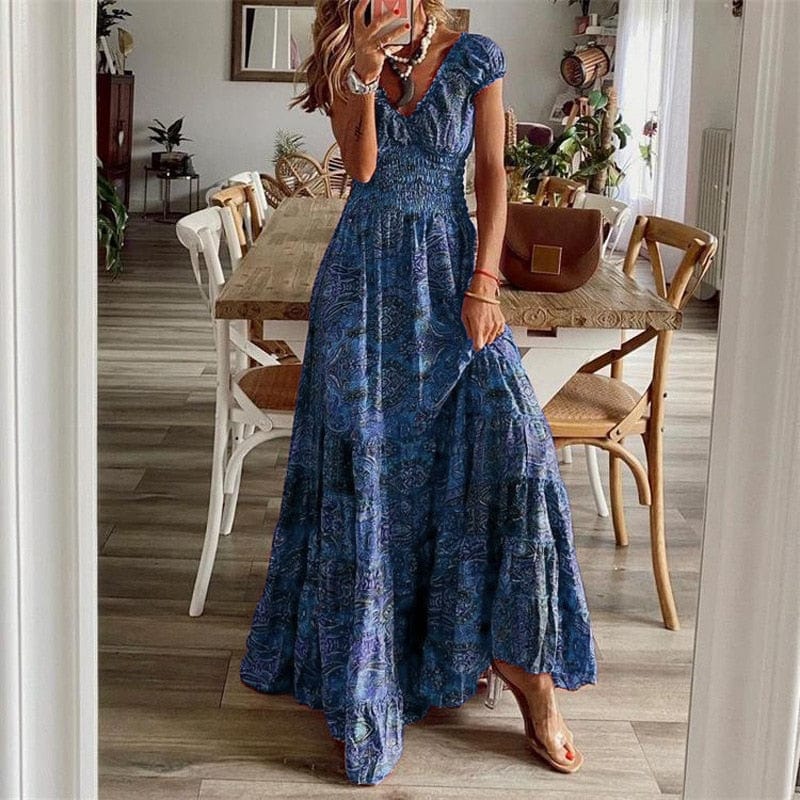Robe longue bohème femme imprimé manches courtes taille smockée col V