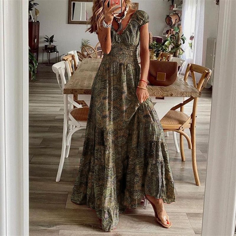 Robe longue bohème femme imprimé manches courtes taille smockée col V