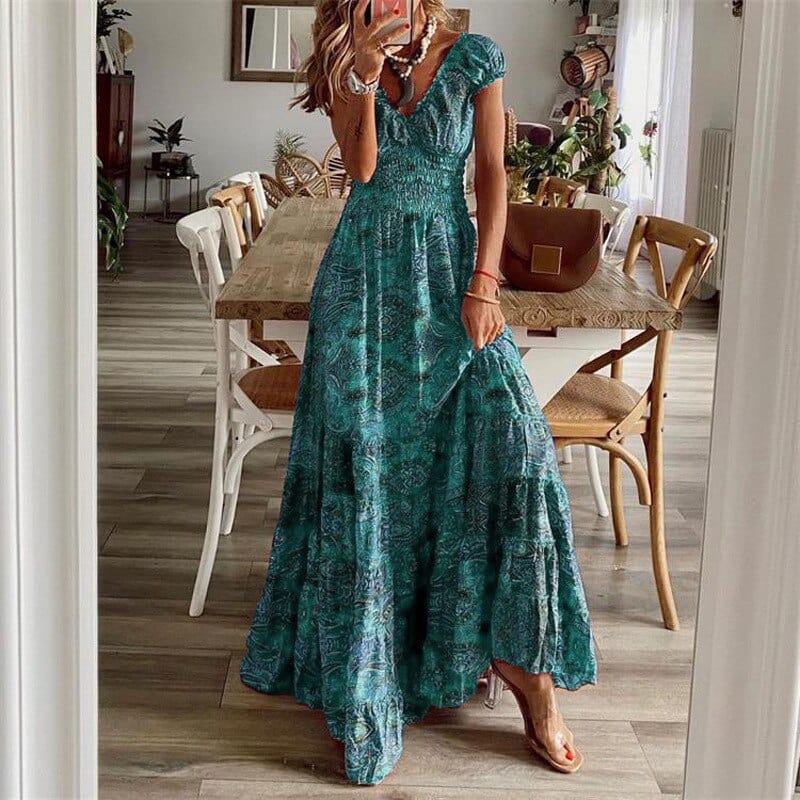Robe longue bohème femme imprimé manches courtes taille smockée col V