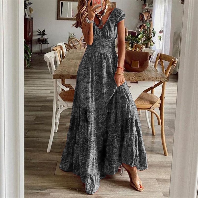 Robe longue bohème femme imprimé manches courtes taille smockée col V