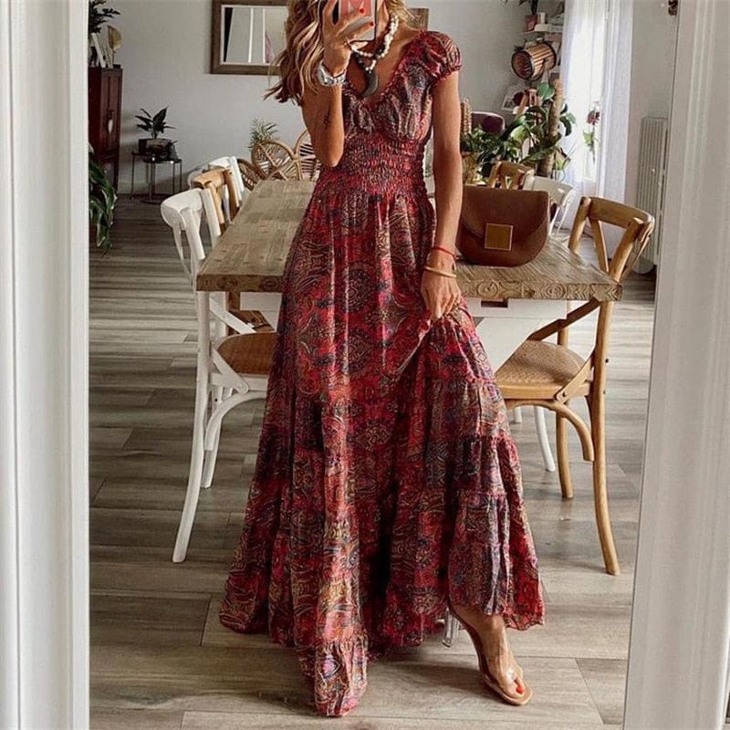 Robe longue bohème femme imprimé manches courtes taille smockée col V