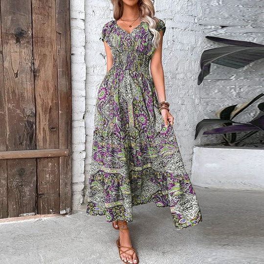 Robe longue bohème femme imprimé manches courtes taille smockée col V