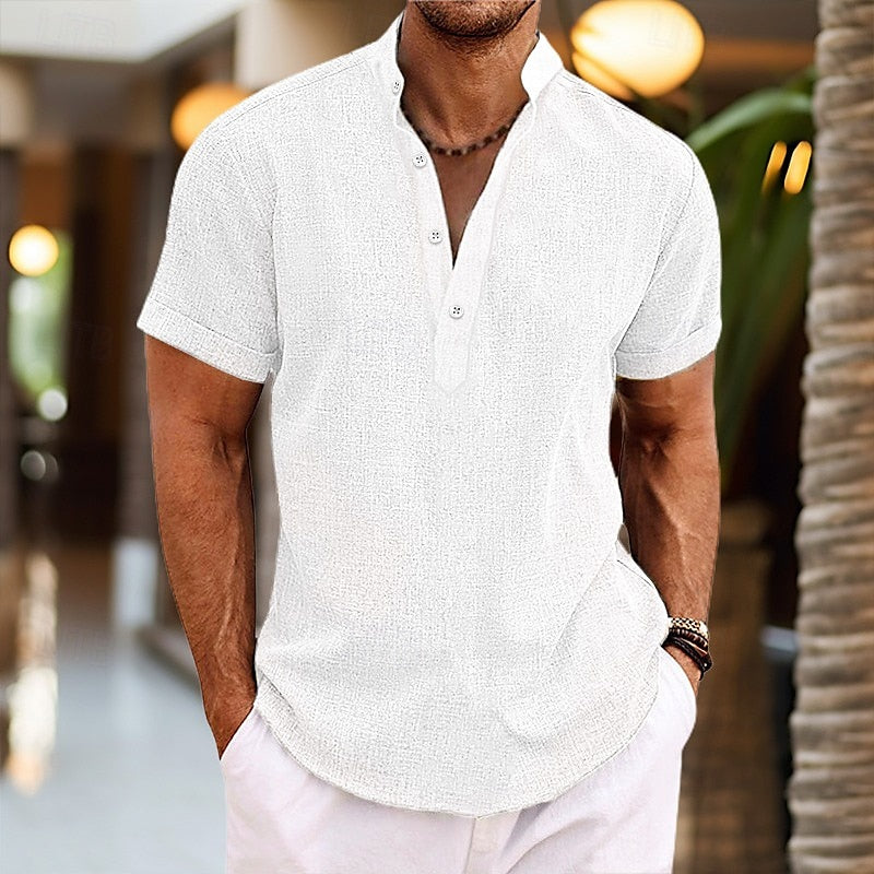 Chemise homme manches courtes col mao légère boutonnée coupe décontractée