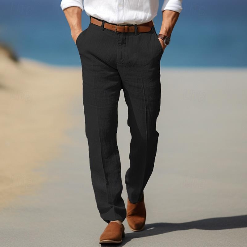 Pantalon homme en lin coupe droite avec passants de ceinture et poches latérales