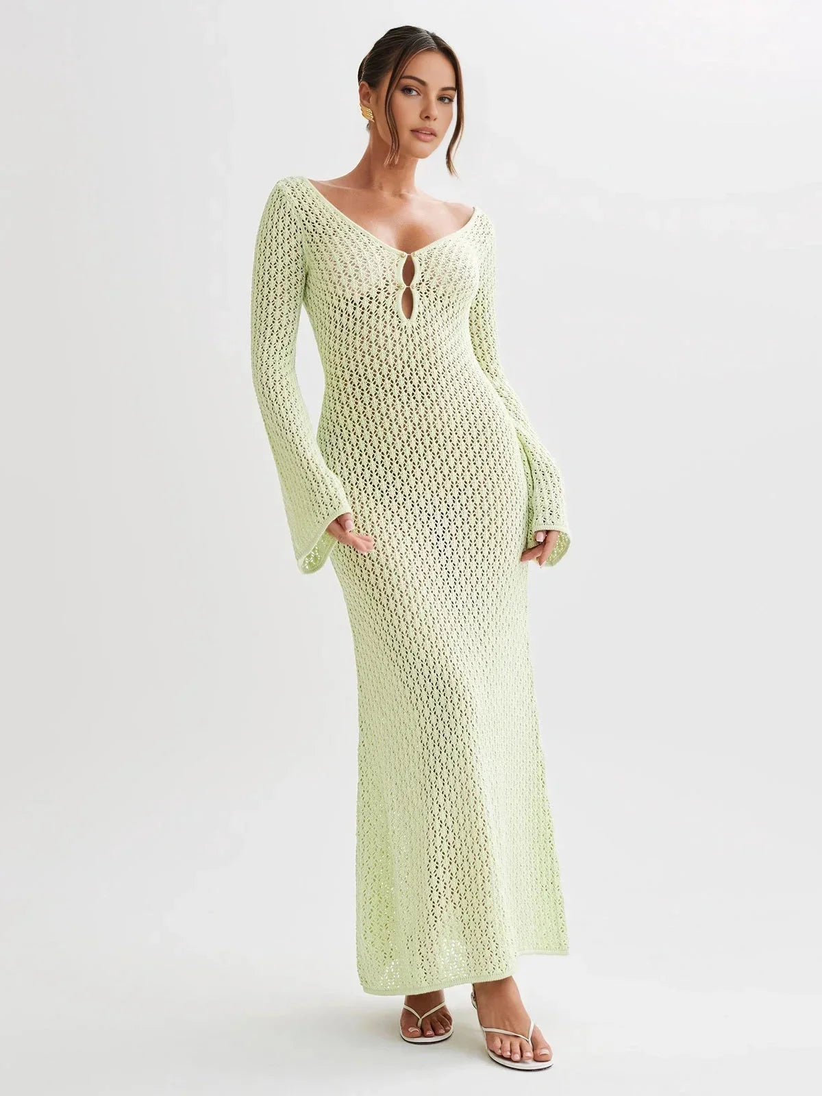 Robe longue crochet femme col V manches longues ajourées moulante plage