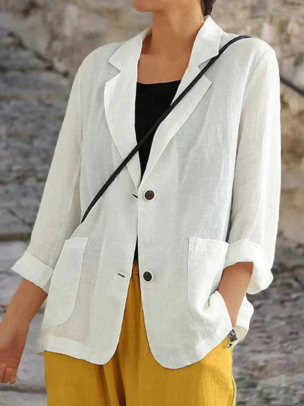 Blazer femme en lin col tailleur manches 3/4 coupe ample