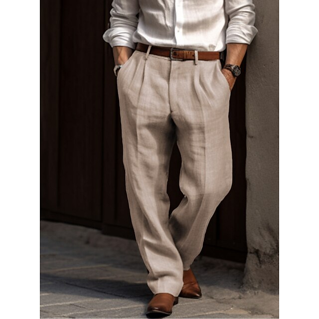Pantalon homme lin coupe large taille haute plis style habillé décontracté