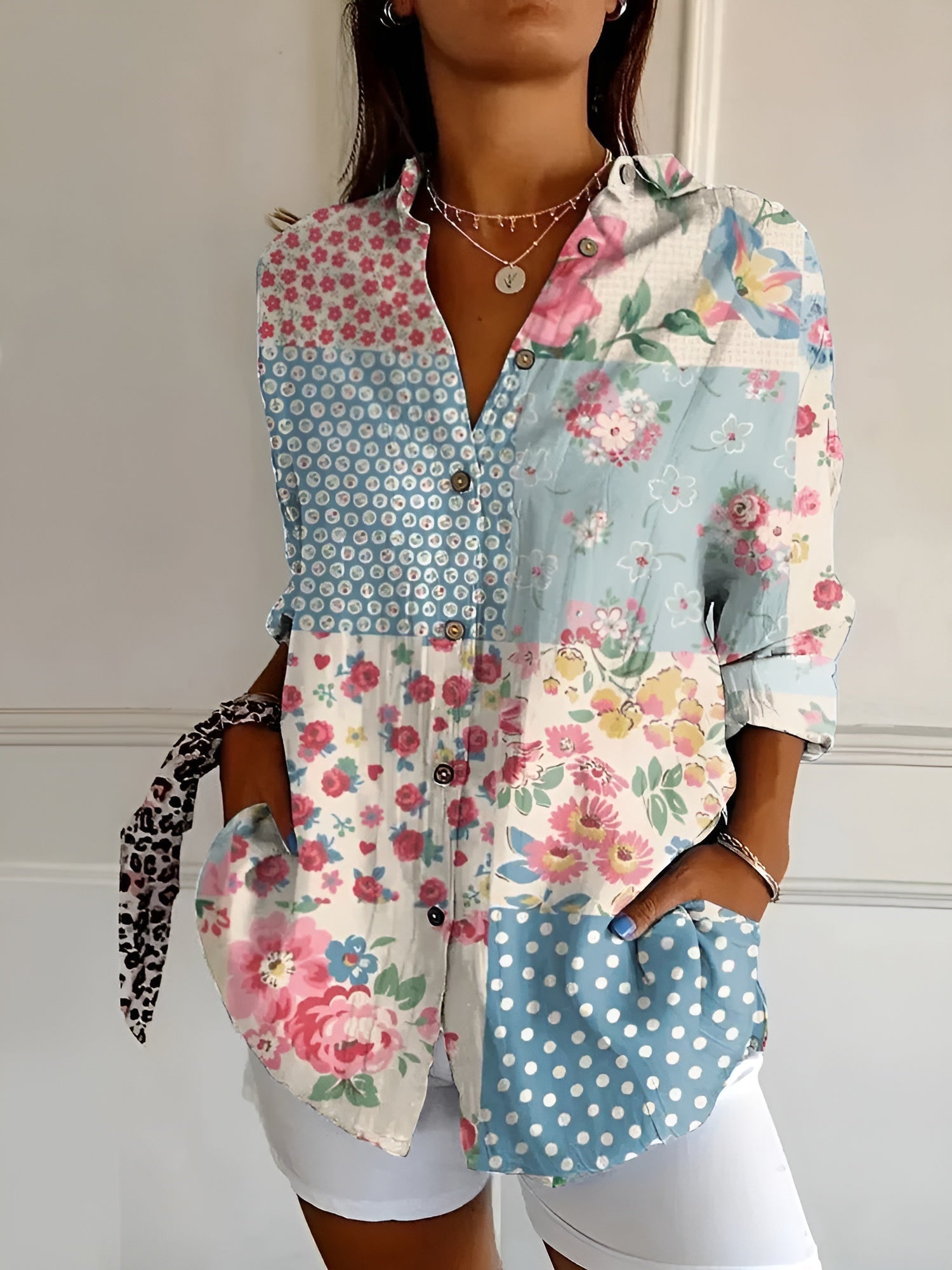 Chemise femme imprimé floral manches longues boutonnée blouse fluide ample été