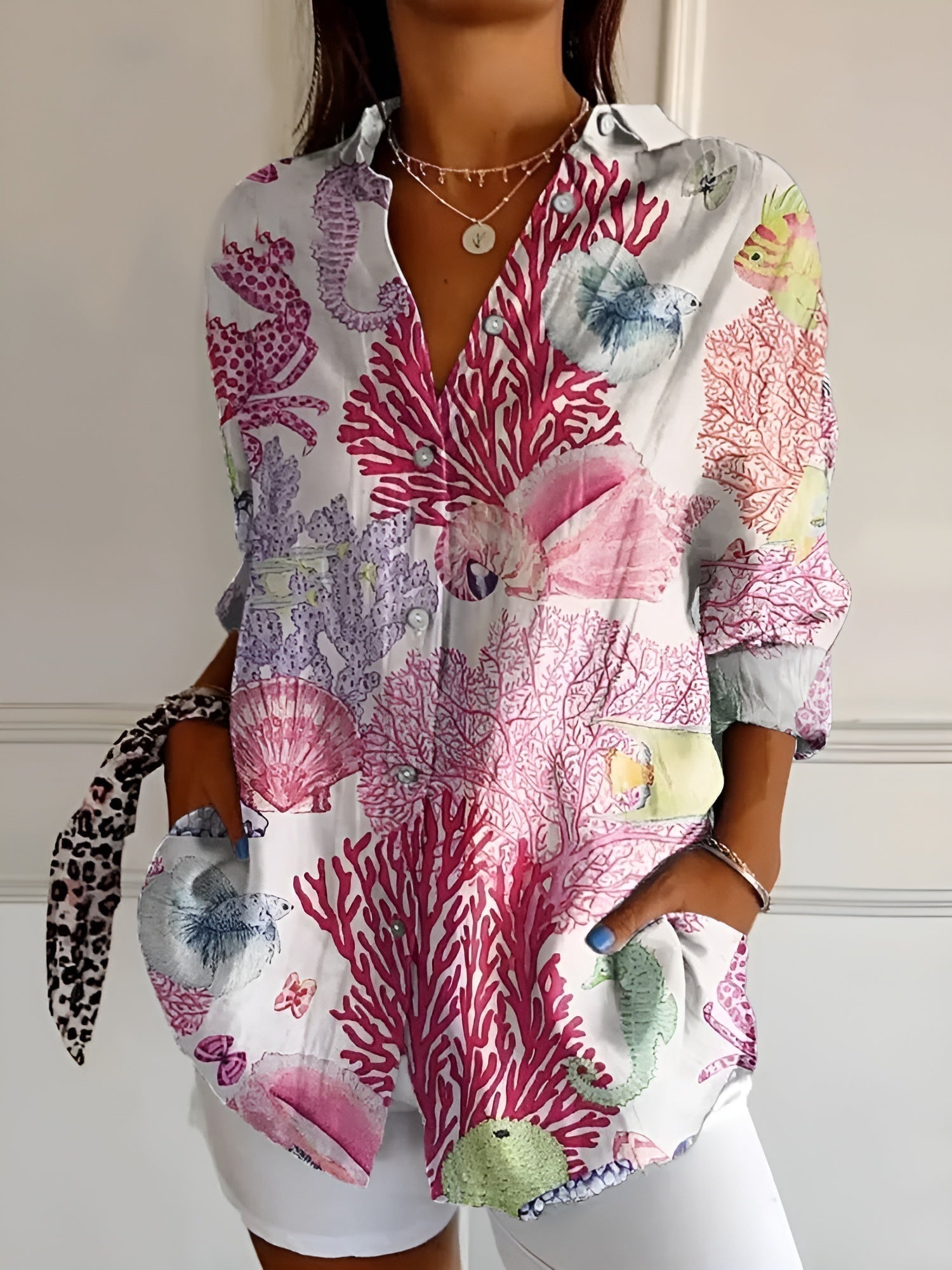 Chemise femme imprimé floral manches longues boutonnée blouse fluide ample été