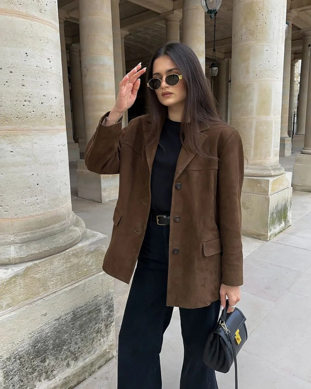 Blazer femme suédine coupe droite veste blazer longue à boutons avec poches