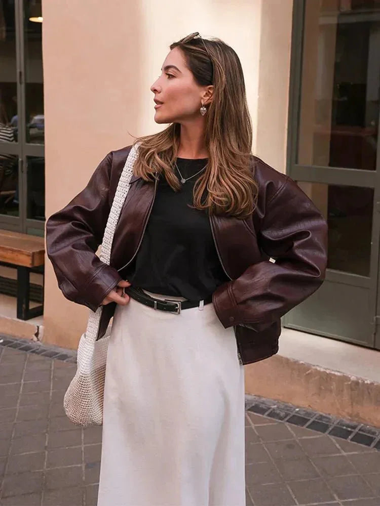 Veste femme simili cuir coupe courte style vintage blouson zippé col chemise