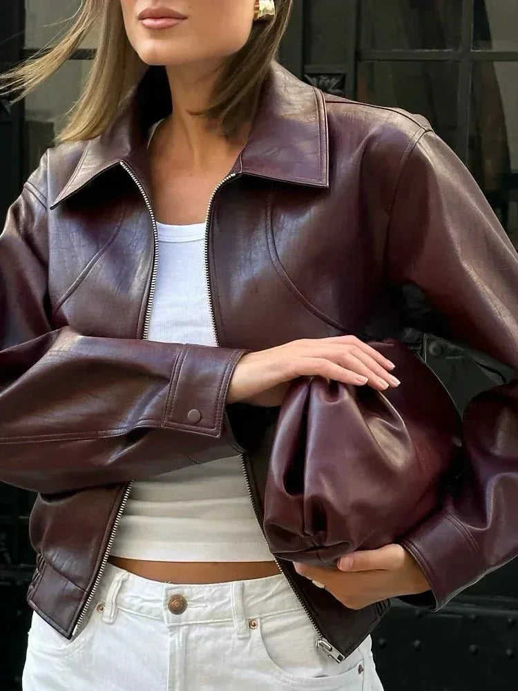 Veste femme simili cuir coupe courte style vintage blouson zippé col chemise