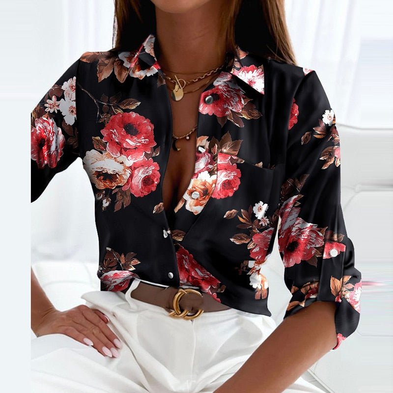 Chemisier femme imprimé géométrique col chemise manches longues boutonné