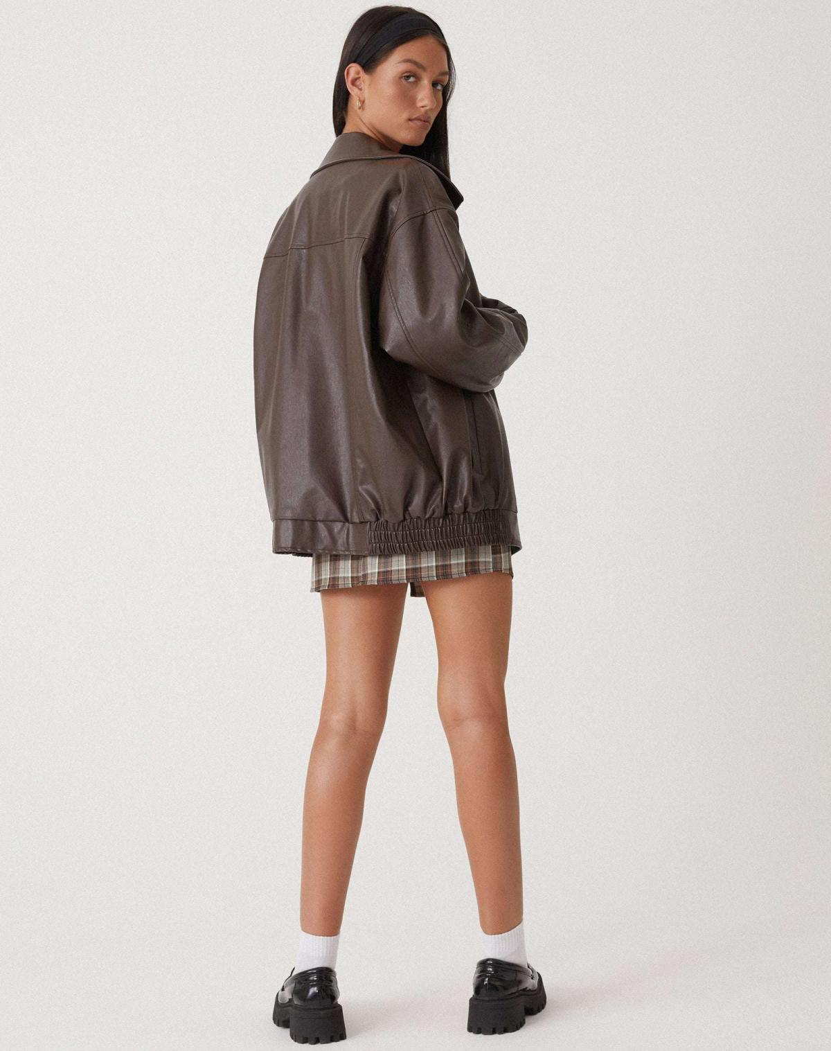 Veste bomber femme simili cuir oversize zip manches longues col large casual