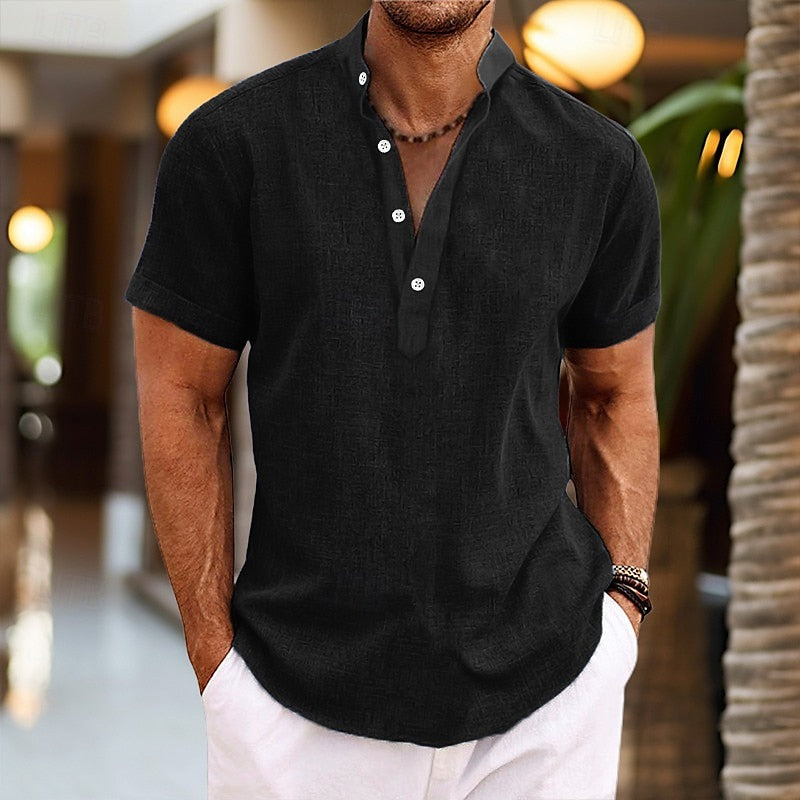 Chemise homme manches courtes col mao légère boutonnée coupe décontractée