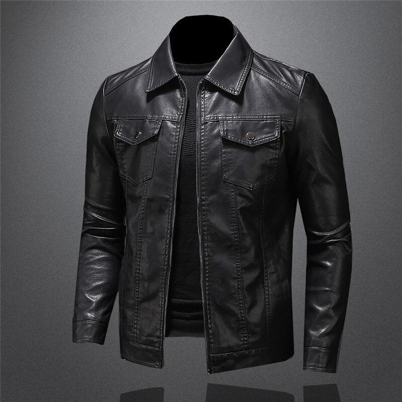 Veste en cuir homme coupe ajustée zippée style motard col chemise