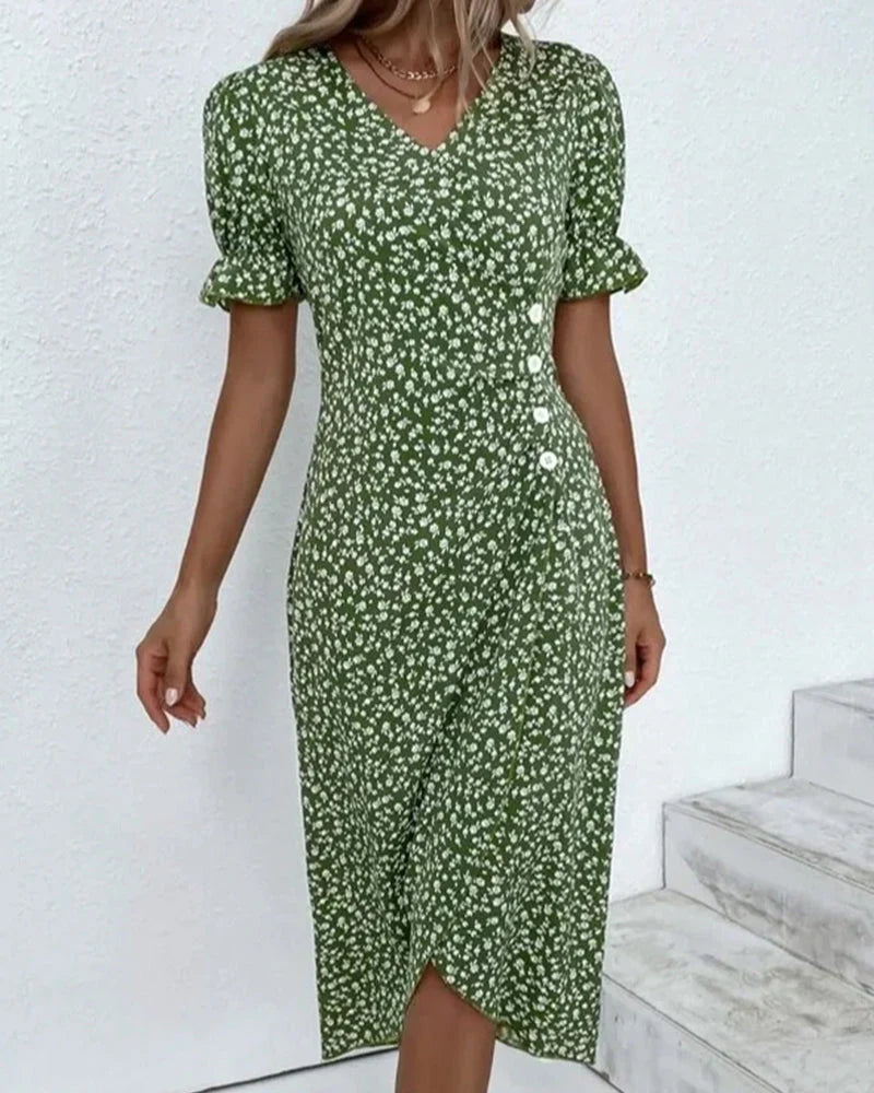 Robe portefeuille midi femme imprimé fleuri manches courtes col V