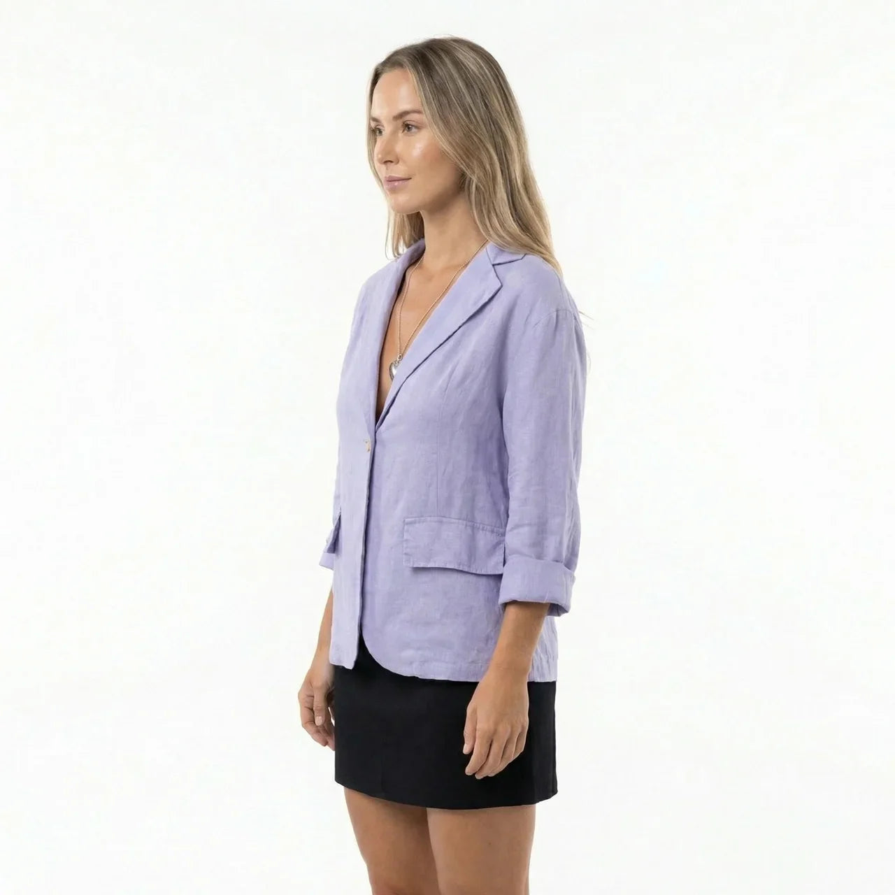 Blazer femme en lin col tailleur manches retroussables coupe décontractée