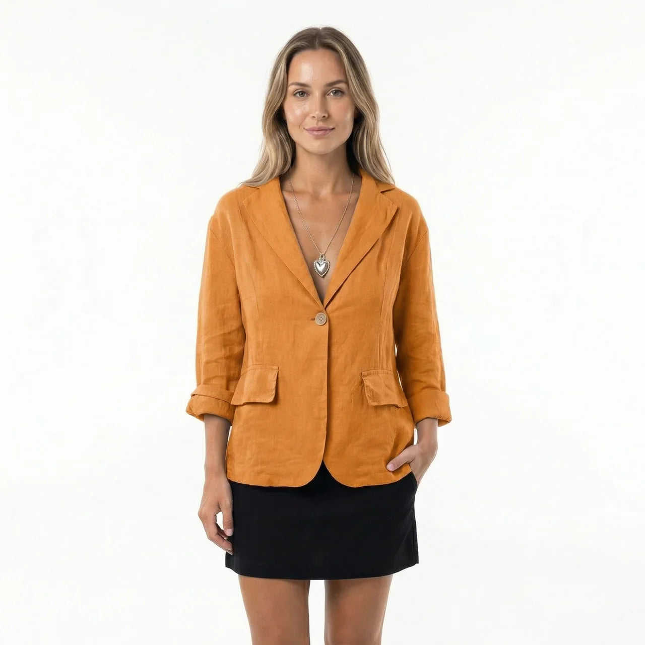 Blazer femme en lin col tailleur manches retroussables coupe décontractée