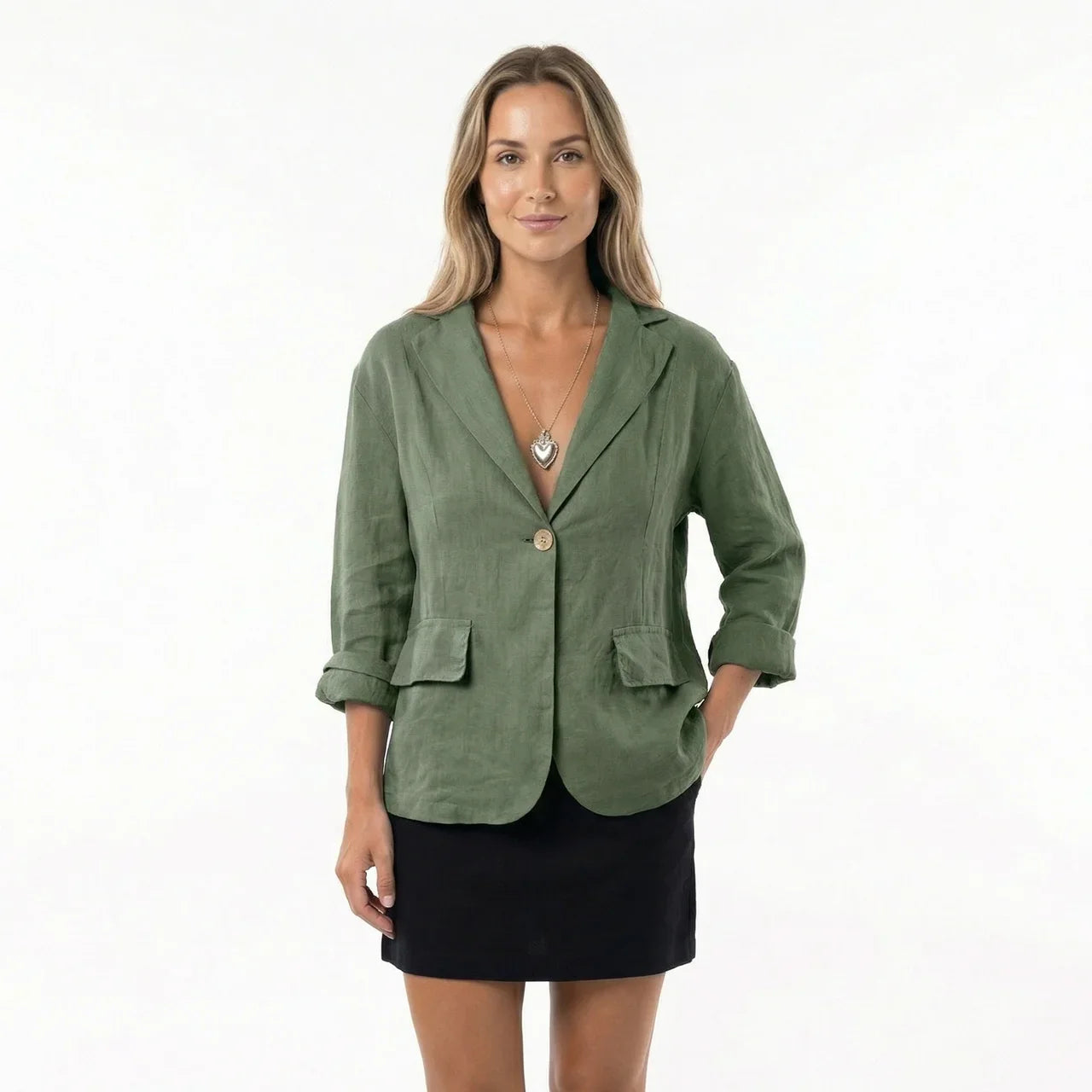 Blazer femme en lin col tailleur manches retroussables coupe décontractée