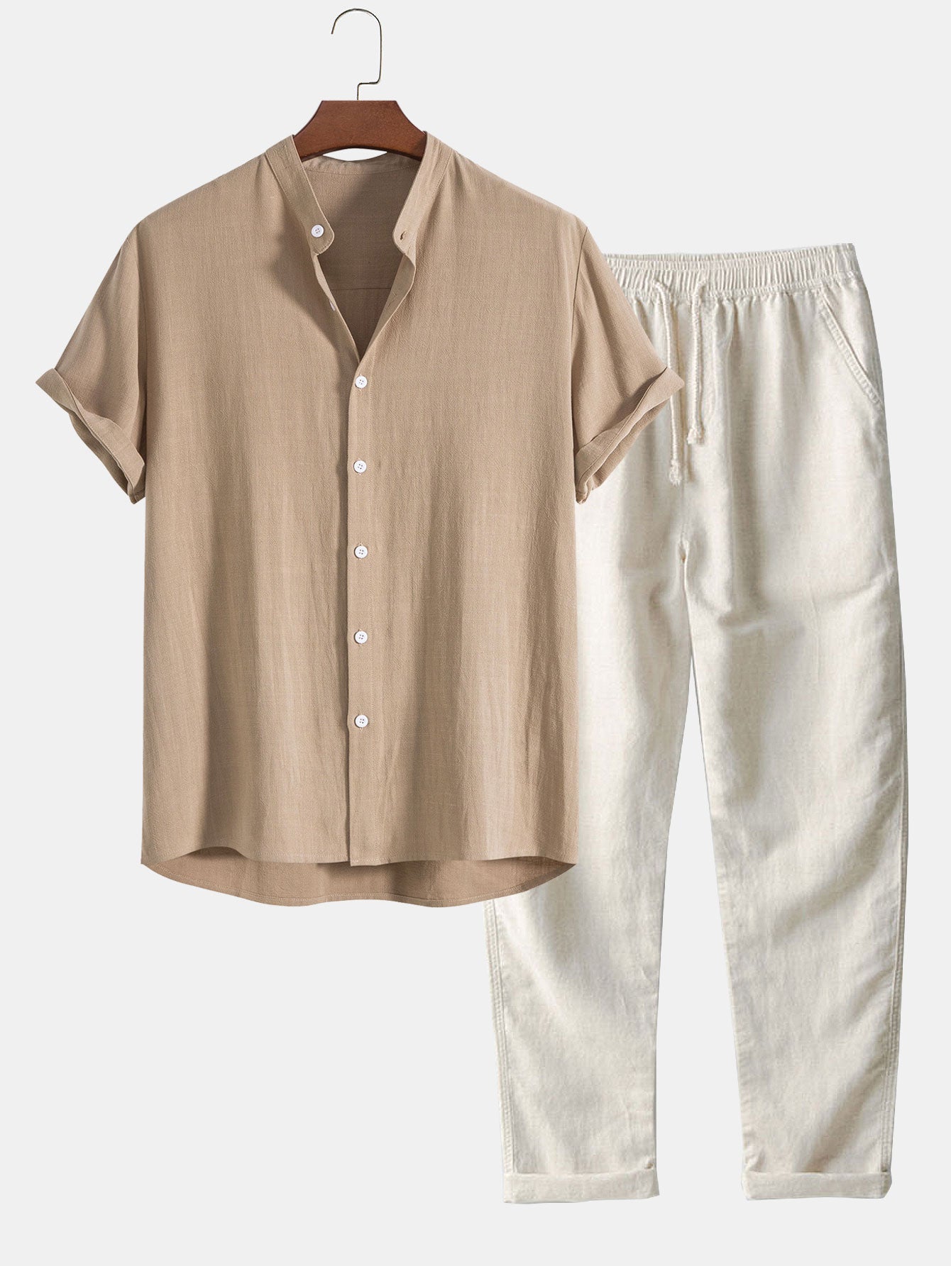 Ensemble homme lin été chemise manches courtes col mao pantalon à cordon