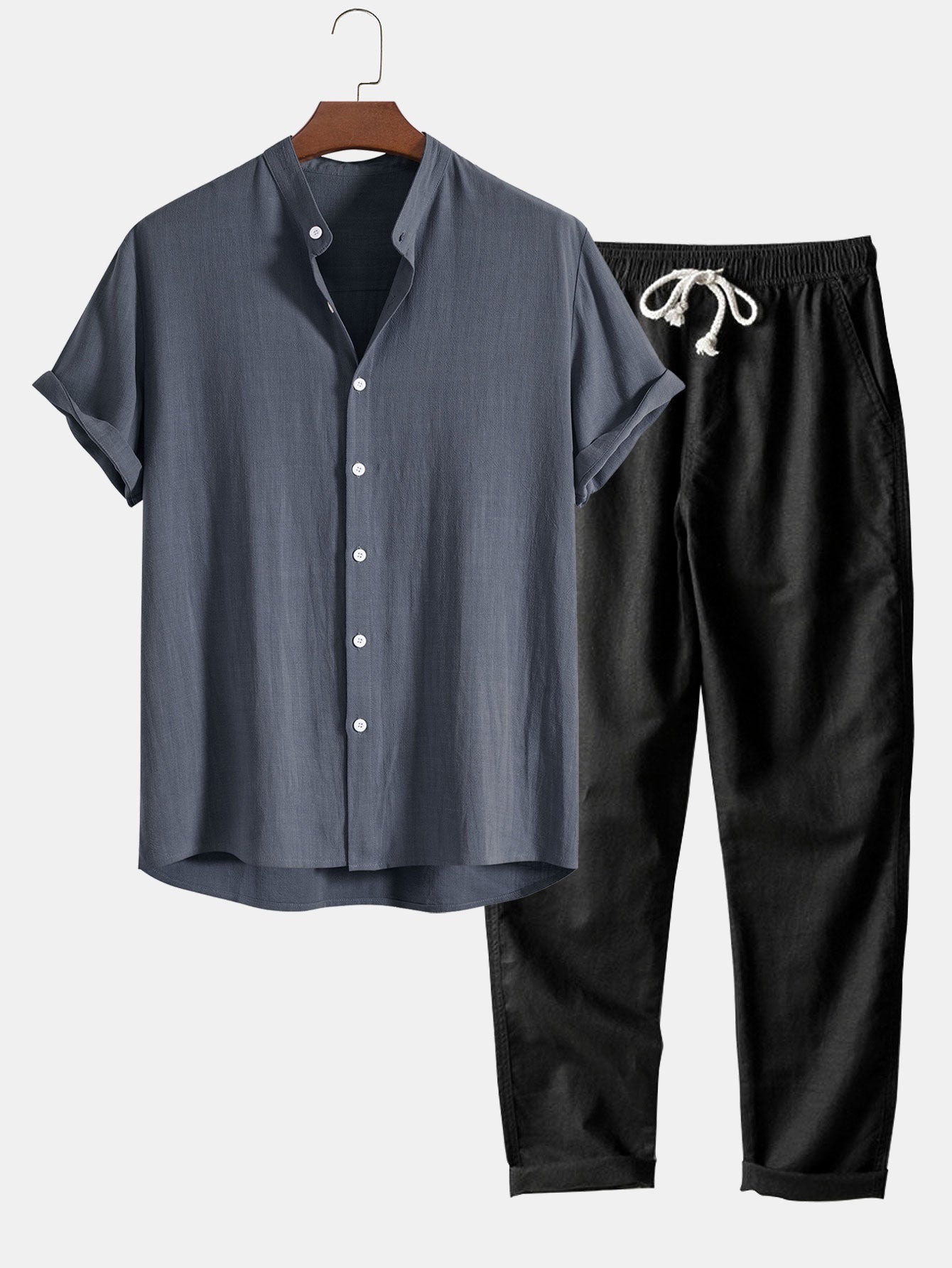 Ensemble homme lin été chemise manches courtes col mao pantalon à cordon