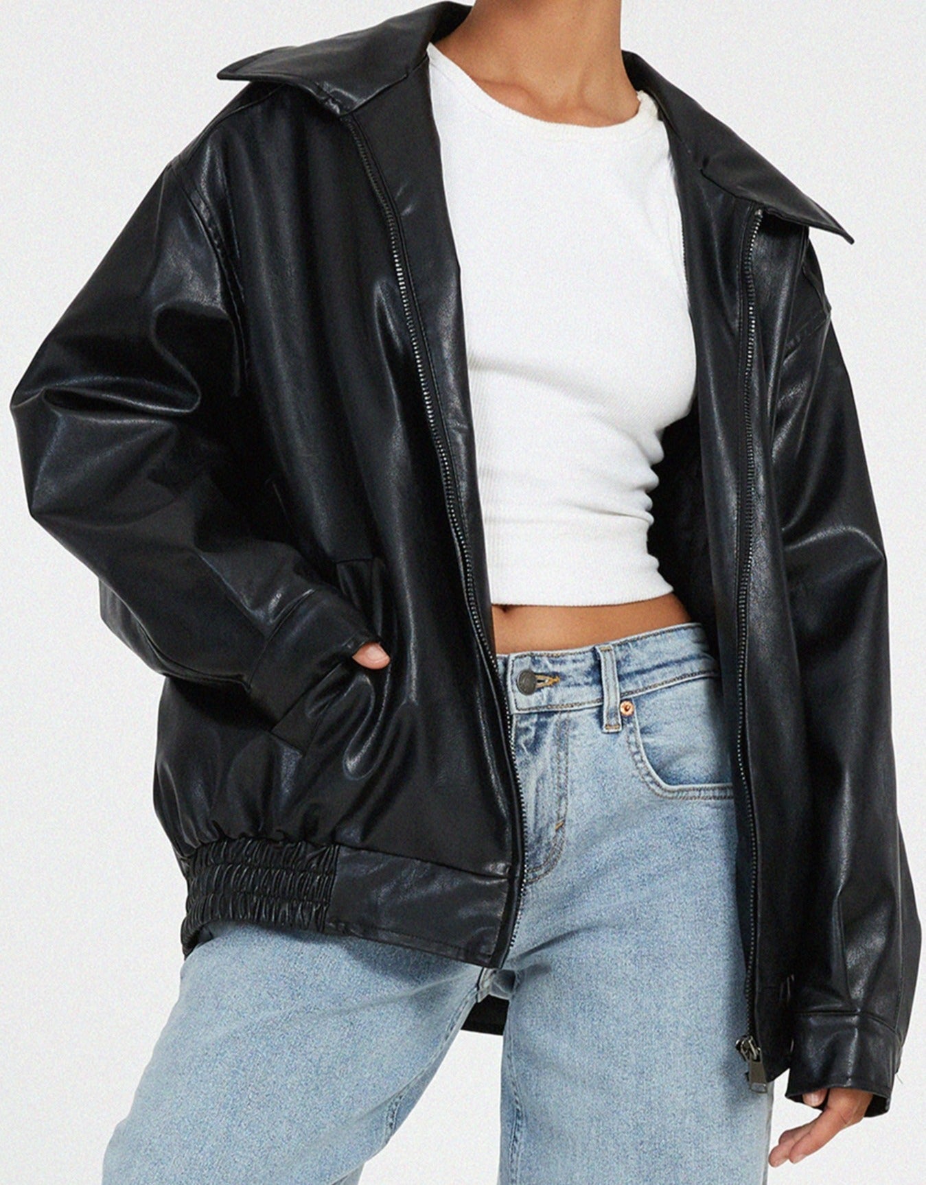 Veste bomber femme simili cuir oversize zip manches longues col large casual