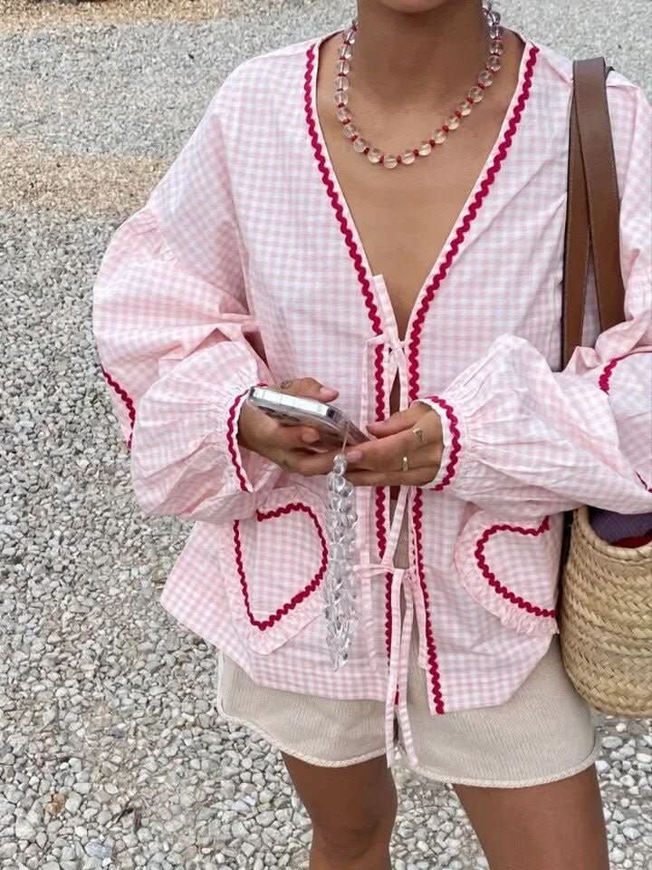 Blouse femme vichy col V à nouer manches longues oversize style bohème