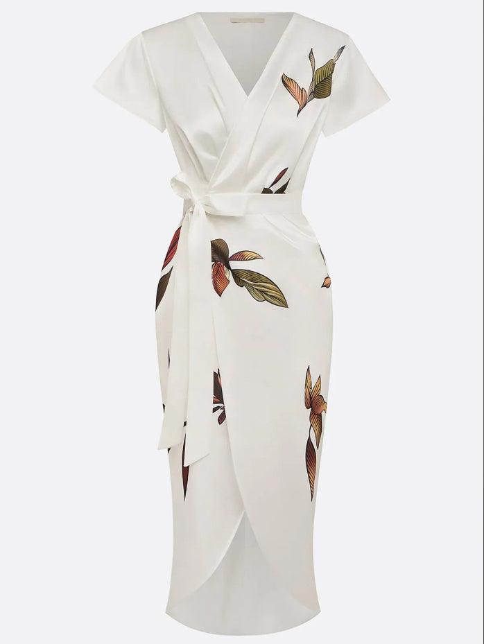Robe portefeuille midi col V imprimée manches courtes ceinture