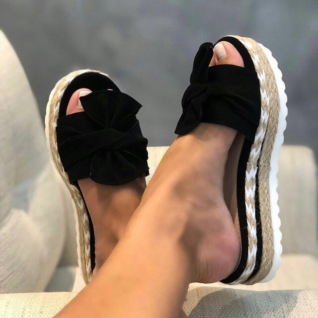 Sandales femme compensées style espadrille avec nœud et plateforme confort été