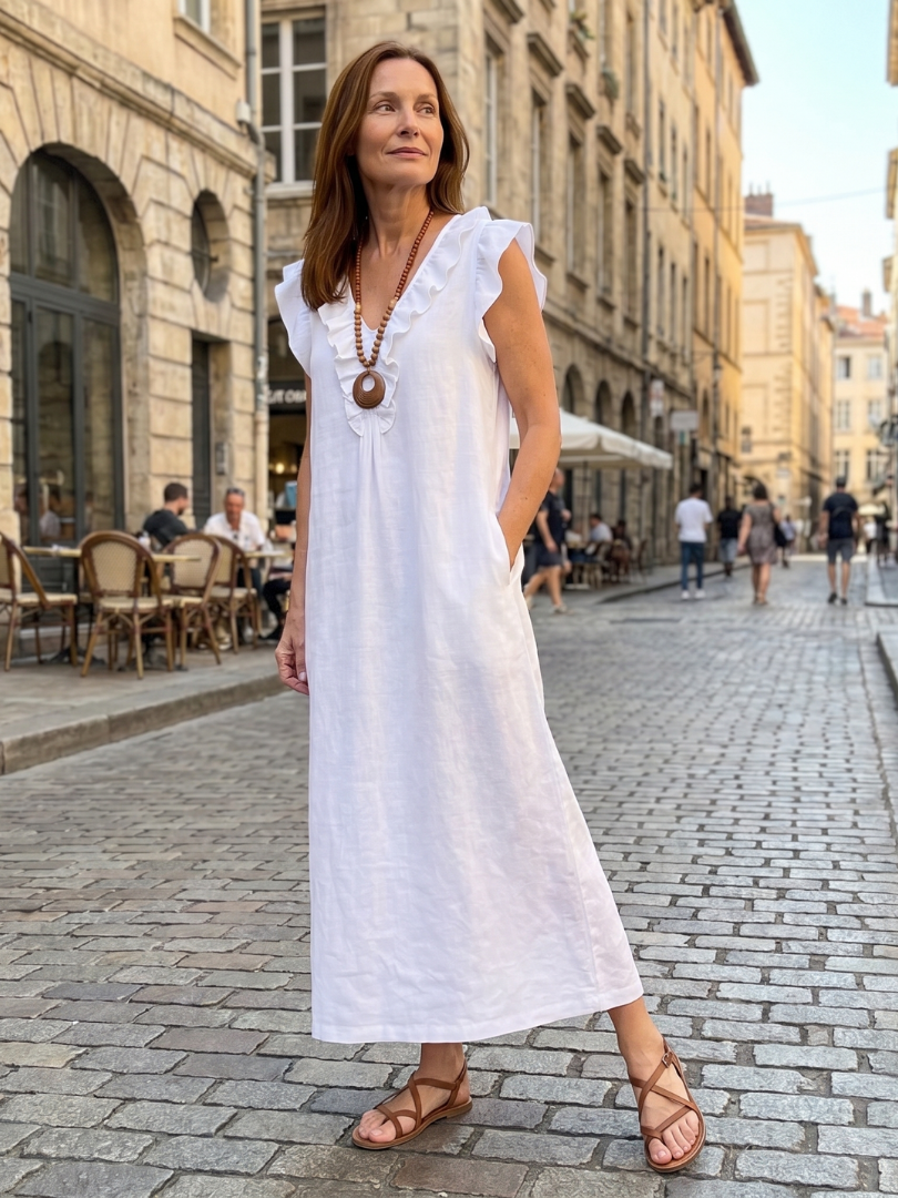 Robe longue femme en lin col V à volants sans manches coupe ample avec poches