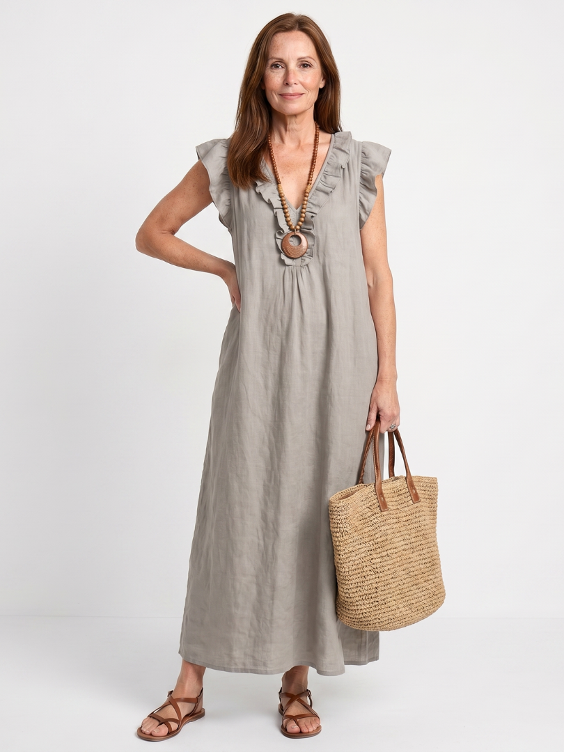 Robe longue femme en lin col V à volants sans manches coupe ample avec poches