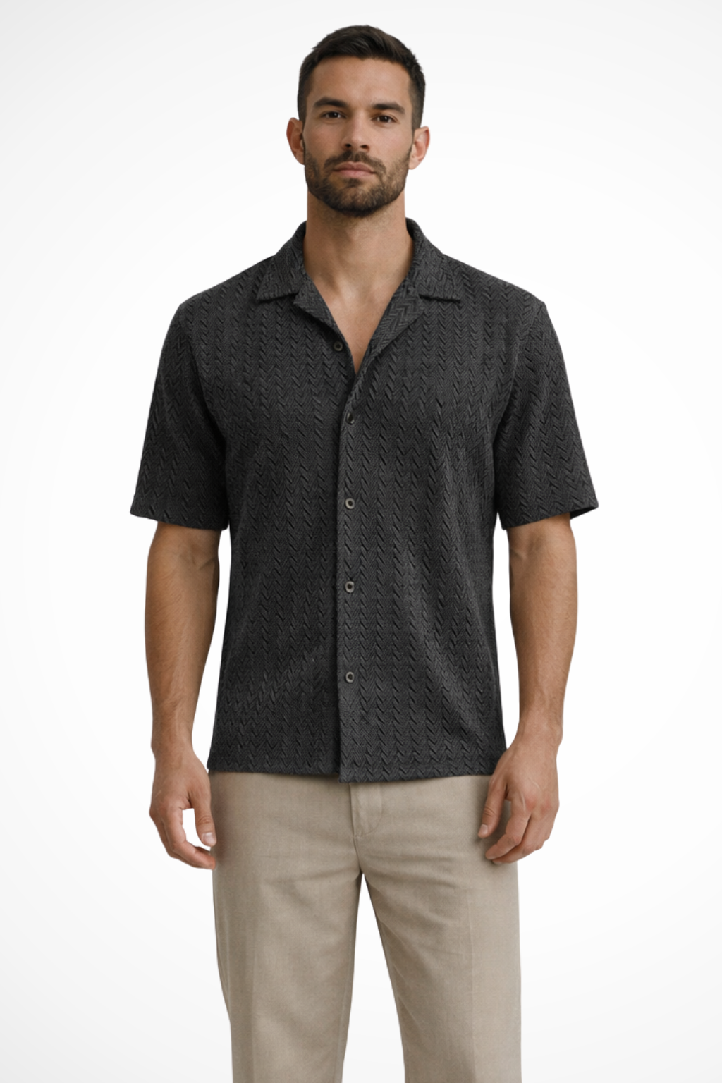Chemise homme manches courtes texturée col ouvert boutonnée style été décontracté