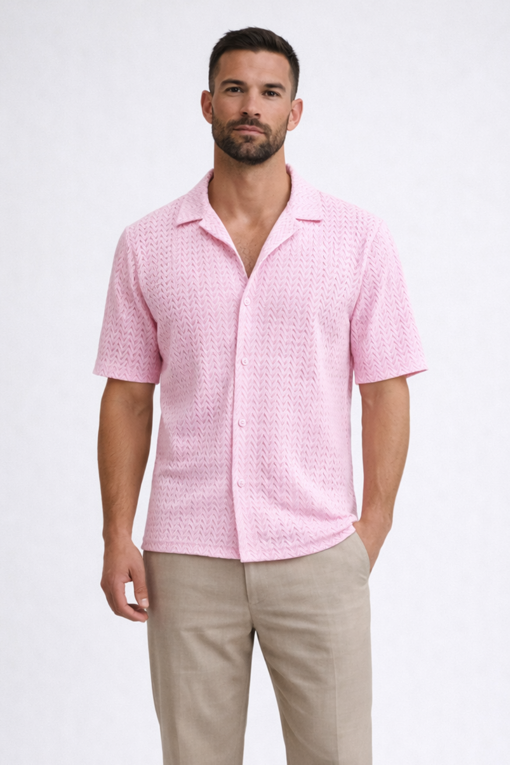 Chemise homme manches courtes texturée col ouvert boutonnée style été décontracté