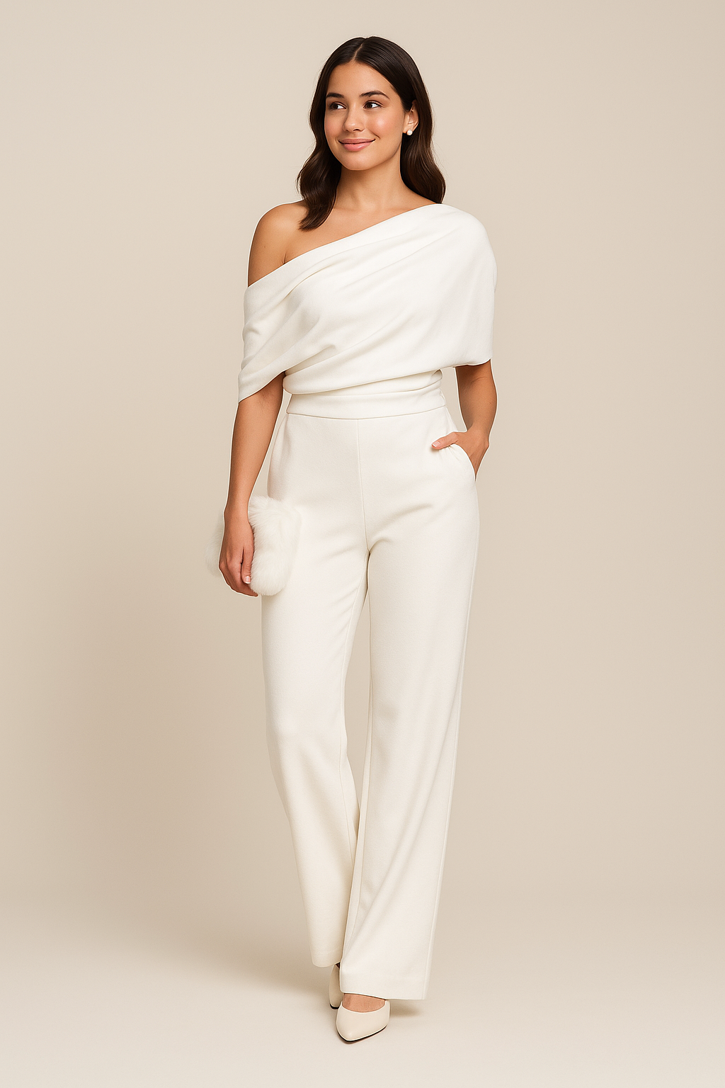 Combinaison femme une épaule pantalon fluide taille haute élégante