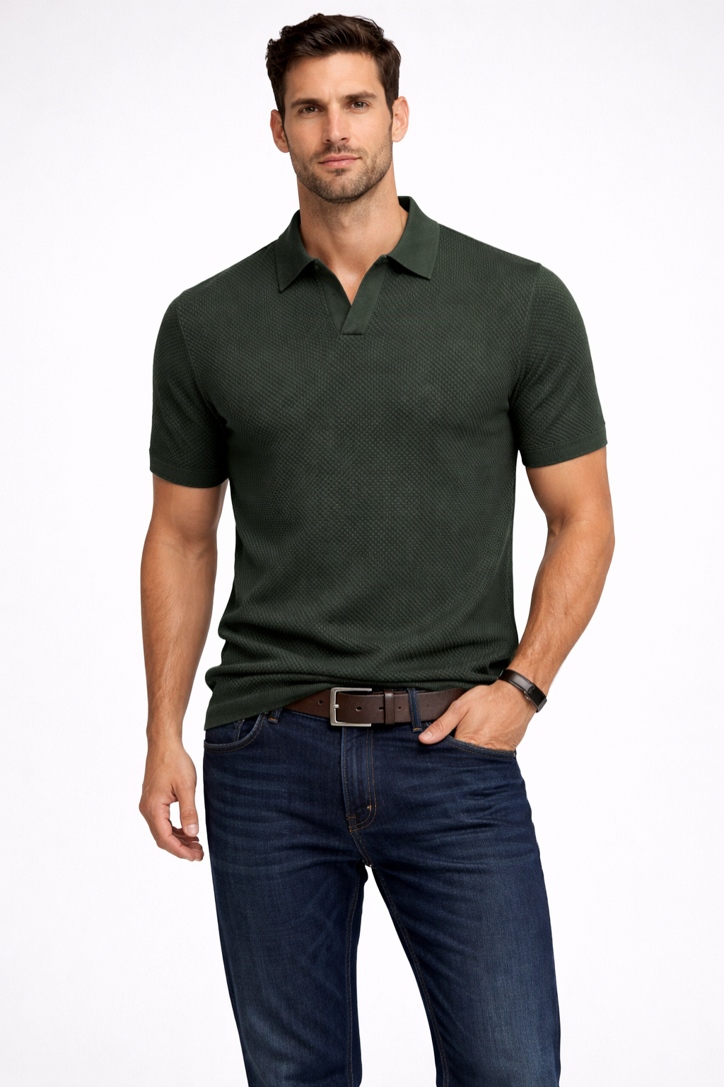 Polo homme maille texturée manches courtes col polo slim casual élégant