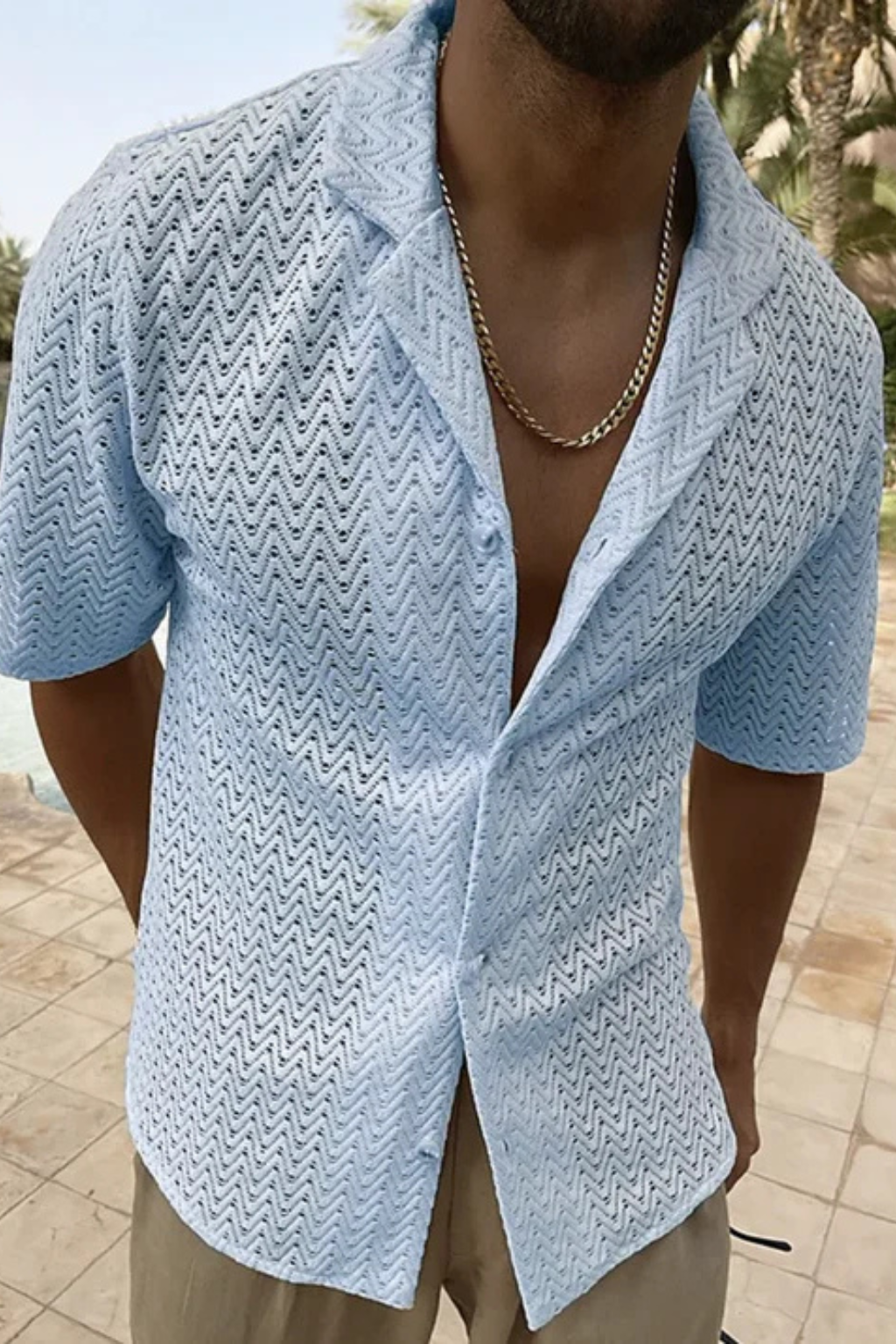 Chemise homme manches courtes texturée col ouvert boutonnée style été décontracté