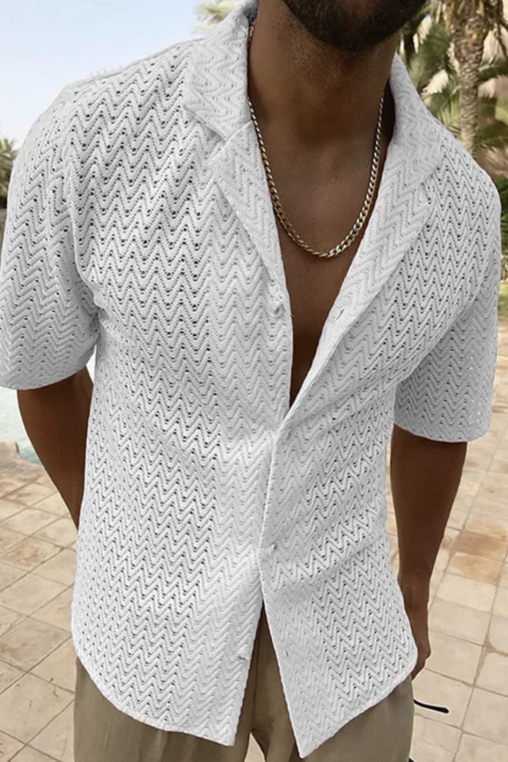 Chemise homme manches courtes texturée col ouvert boutonnée style été décontracté