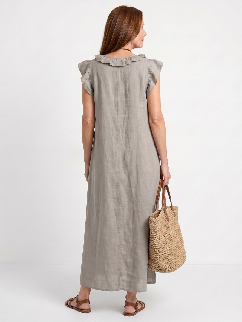 Robe longue femme en lin col V à volants sans manches coupe ample avec poches