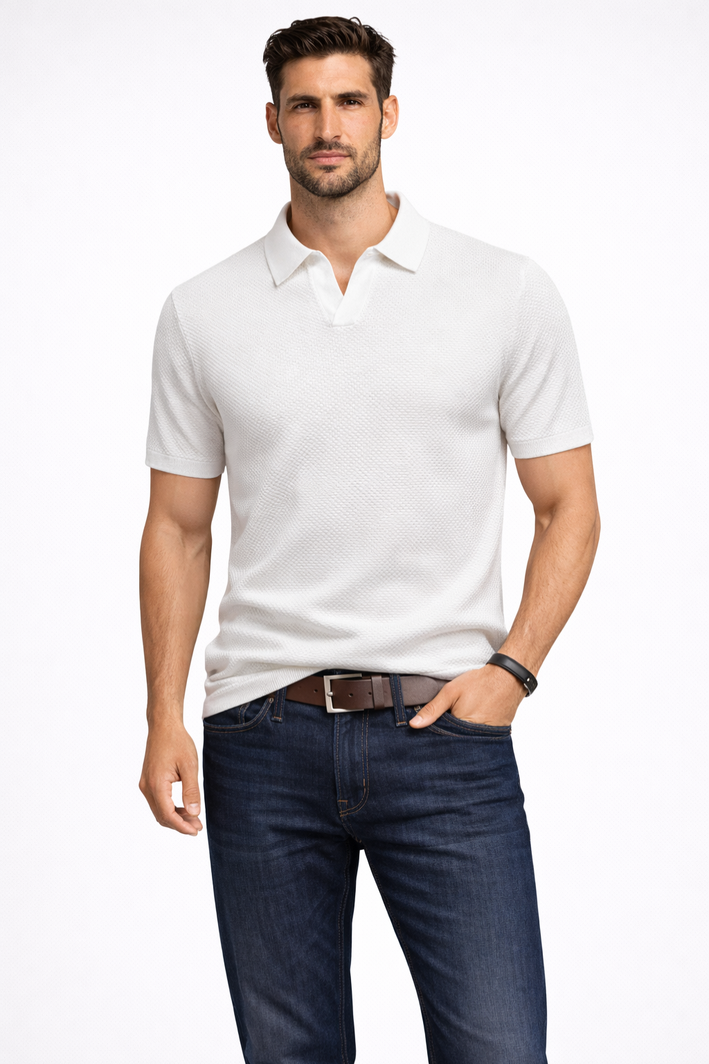 Polo homme maille texturée manches courtes col polo slim casual élégant