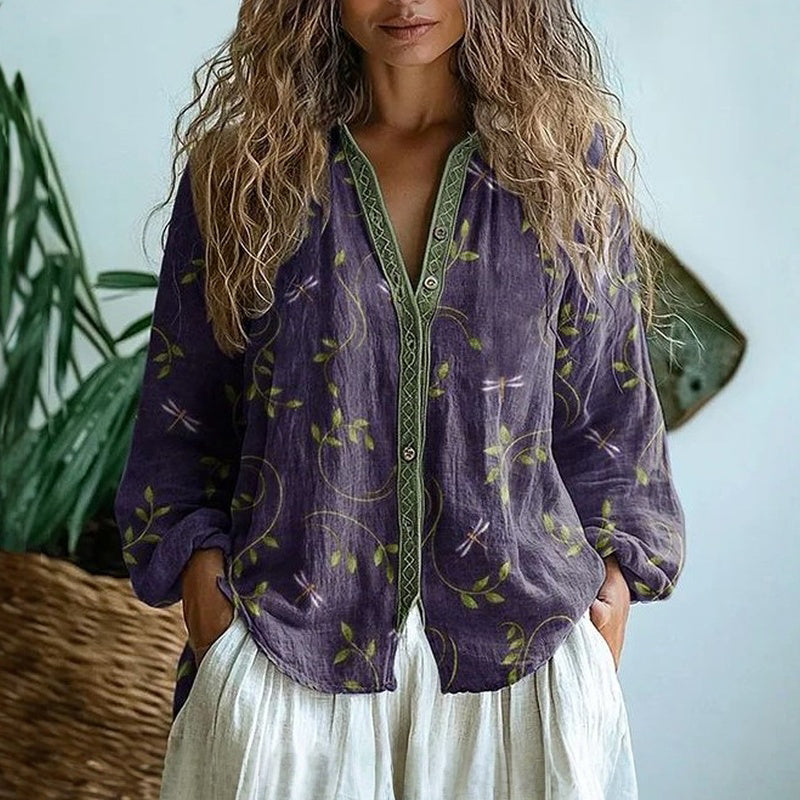 Blouse femme imprimée col V manches longues boutonnée style bohème décontracté