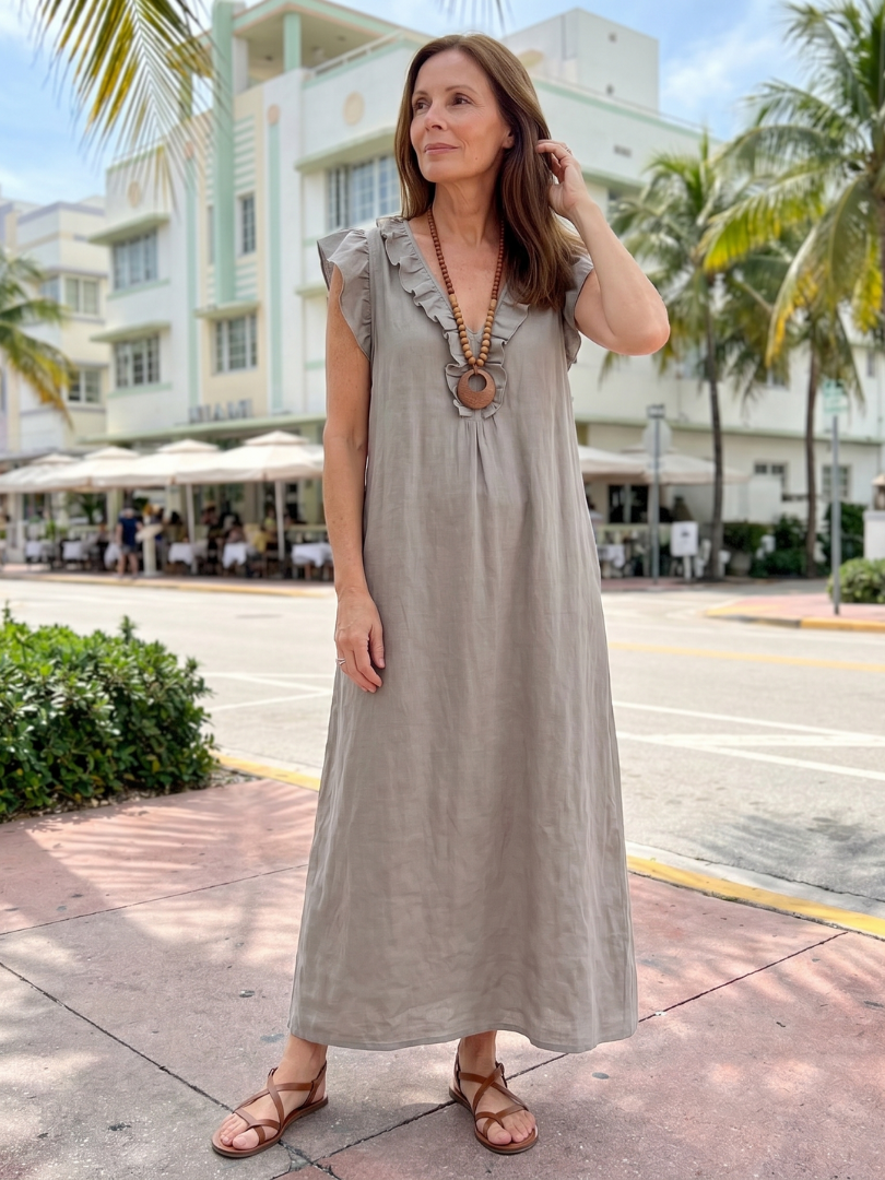 Robe longue femme en lin col V à volants sans manches coupe ample avec poches