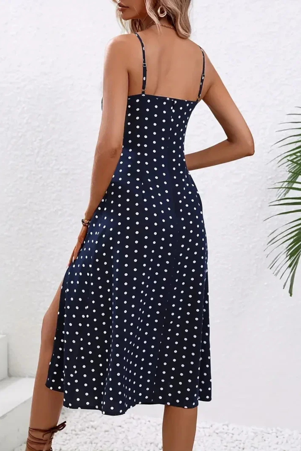 Robe midi femme à pois bretelles fines fente avant coupe cintrée été