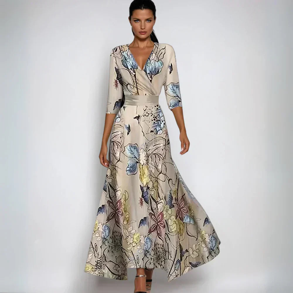 Robe longue portefeuille femme imprimé floral col V manches 3/4 été