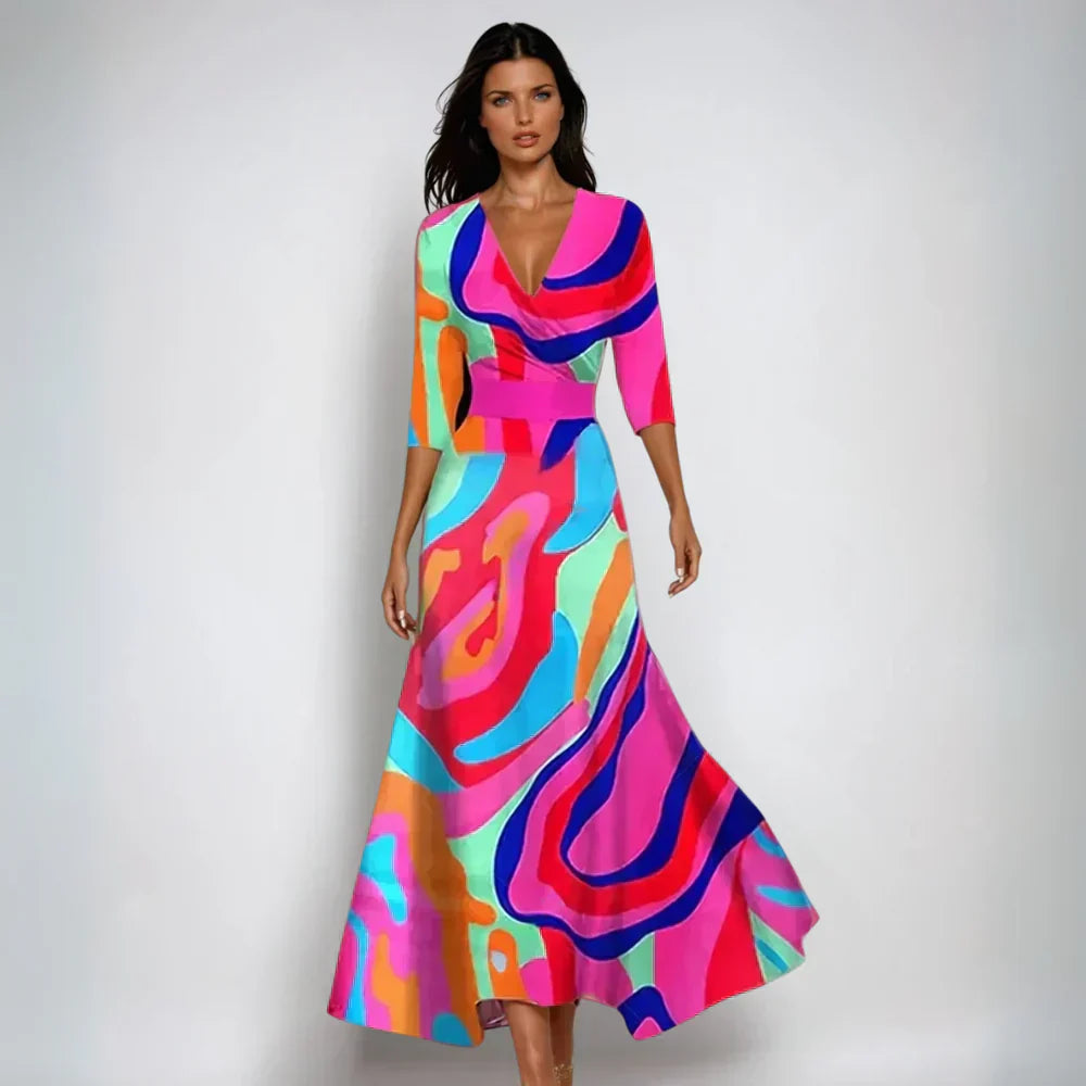 Robe longue portefeuille femme imprimé floral col V manches 3/4 été