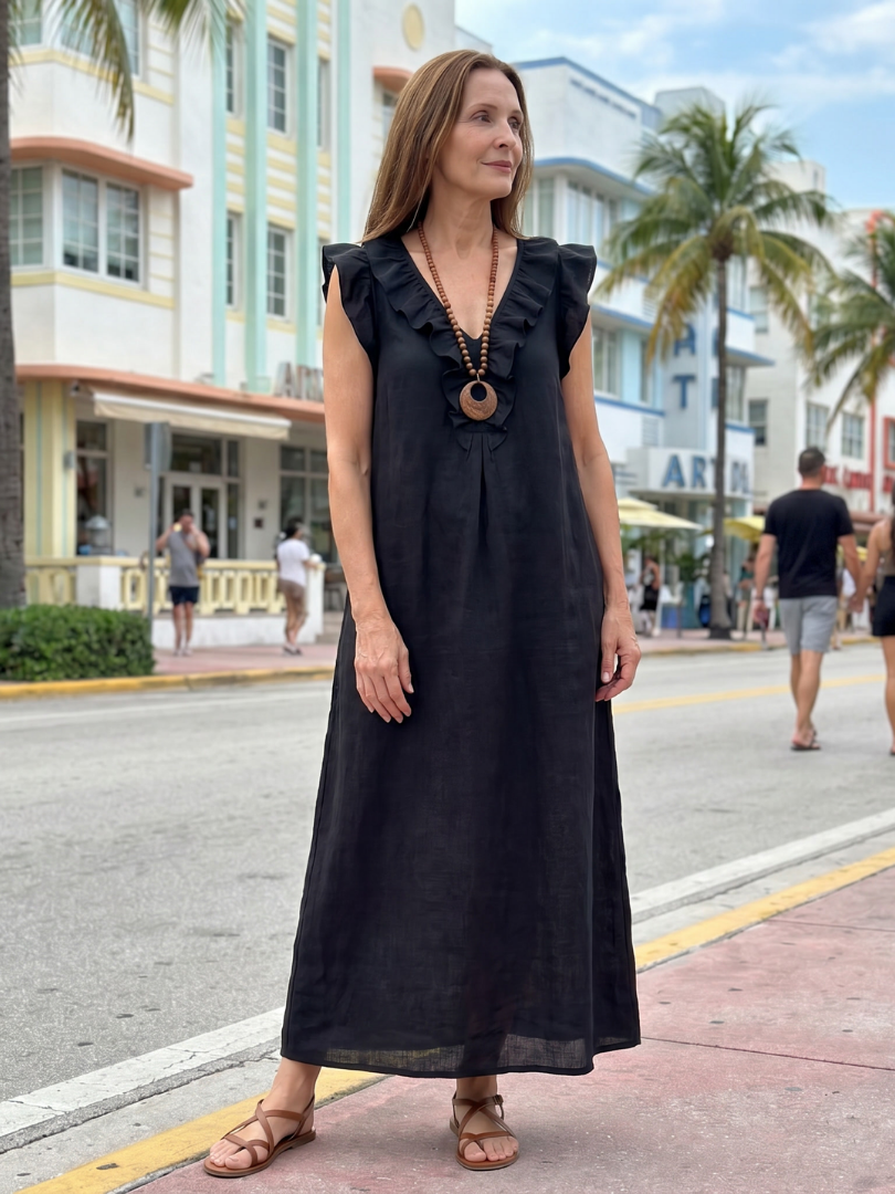 Robe longue femme en lin col V à volants sans manches coupe ample avec poches