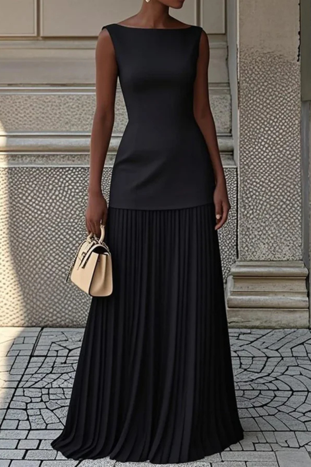 Robe longue femme plissée sans manches coupe moulante élégante cérémonie soirée
