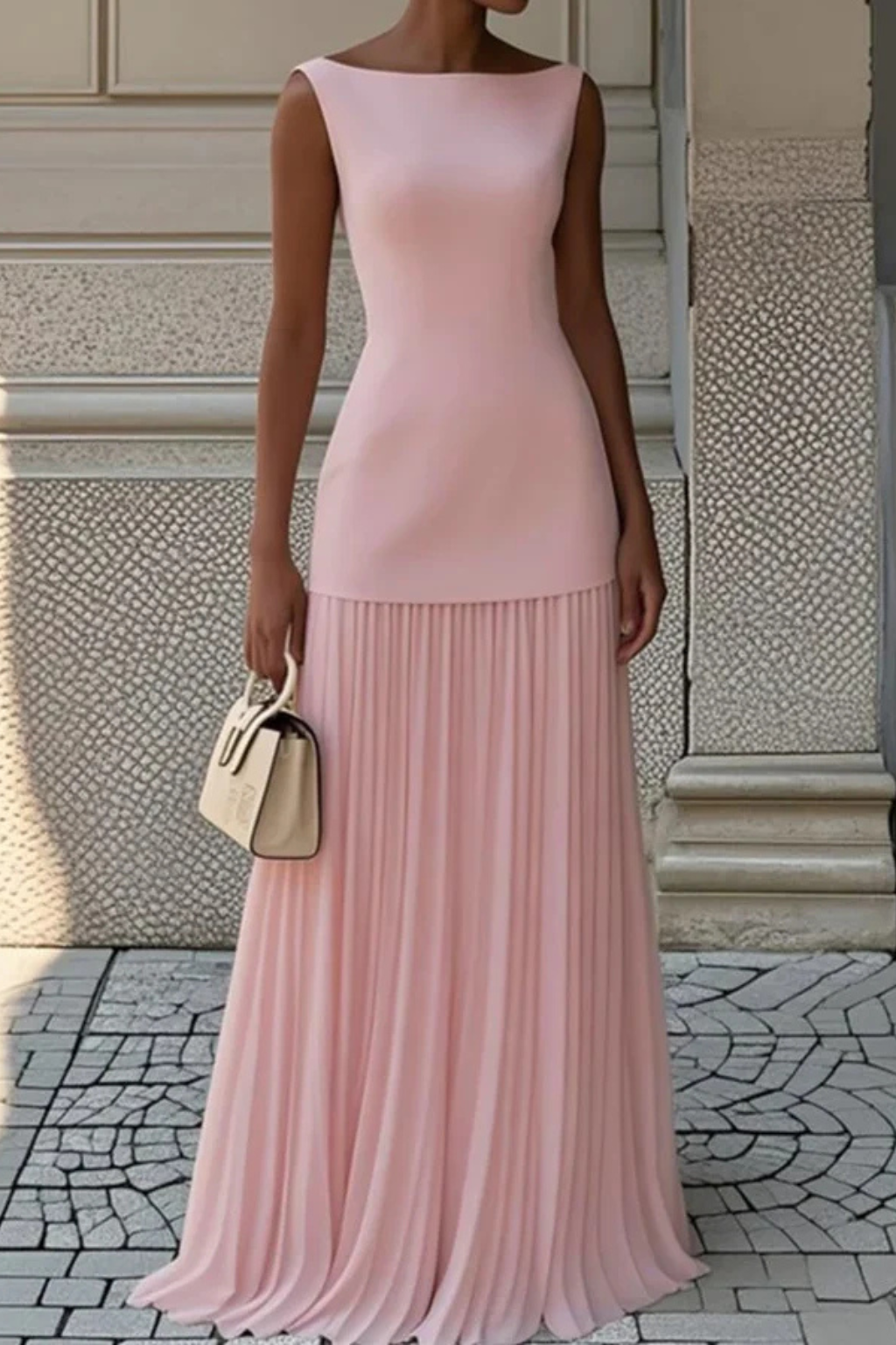Robe longue femme plissée sans manches coupe moulante élégante cérémonie soirée